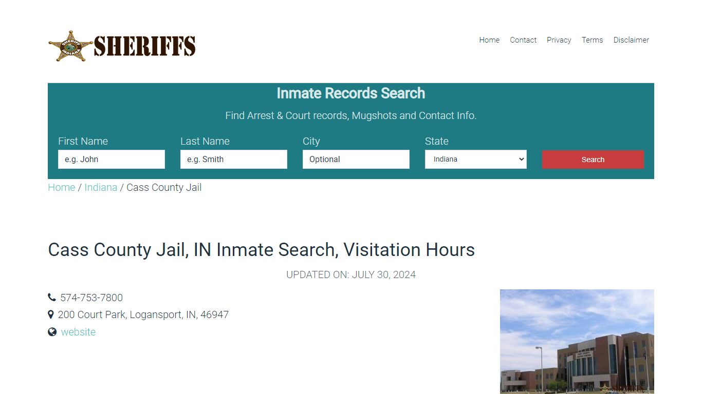 Cass County Jail, IN Inmate Search, Visitation Hours